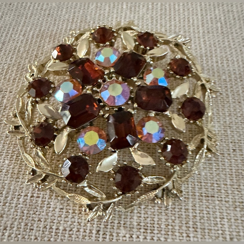 Vintage Gold-Tone Brooch with Garnet and Aurora Borealis Stones